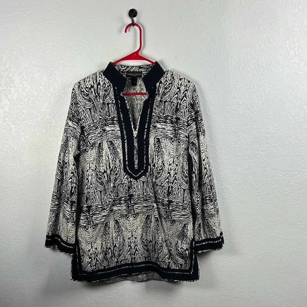 Dana Buchman Black Cream Patterned Tunic Sz L Career Chic Office Wear - Picture 1 of 7